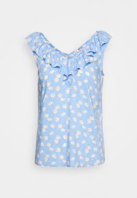 Blå blommig ärmlös topp med volangkrage; har små vita och gula blommönster på en ljusblå bakgrund.