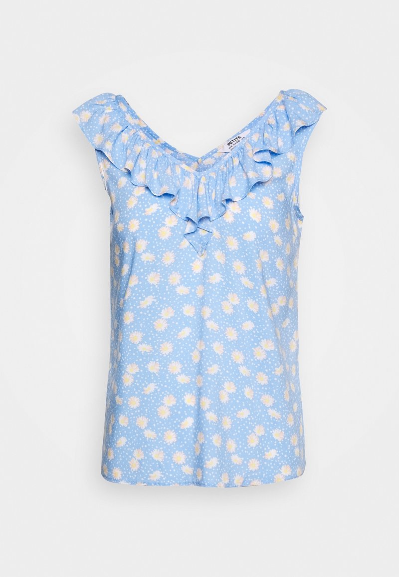 Blå blommig ärmlös topp med volangkrage; har små vita och gula blommönster på en ljusblå bakgrund.