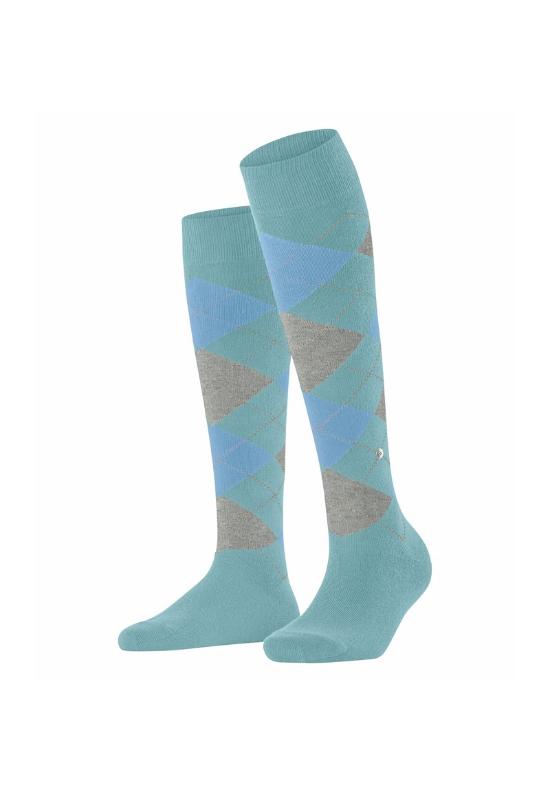 Calze al ginocchio con motivo argyle blu e grigio; realizzate in un morbido misto cotone; dotate di un logo accentato vicino al risvolto.