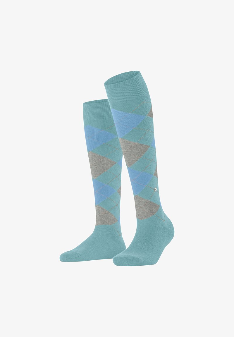 Calze al ginocchio con motivo argyle blu e grigio; realizzate in un morbido misto cotone; dotate di un logo accentato vicino al risvolto.