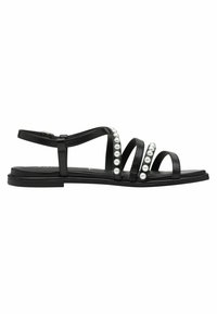 Sandalias planas negras con múltiples correas, diseño slingback y acentos decorativos de perlas a lo largo del costado. Acabado en cuero suave.