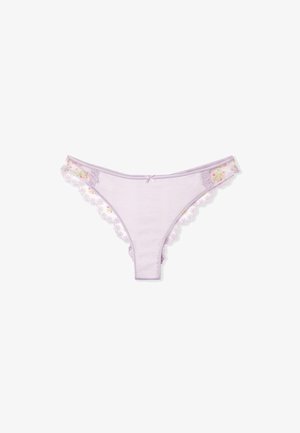Lilac thong with floral lace trim and a scalloped edge. Features a center bow detail and soft, smooth fabric texture.