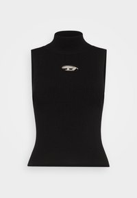Schwarzes, geripptes, ärmelloses Turtleneck-Oberteil mit einer silberfarbenen Brosche in der Mitte der Brust. Enganliegendes Design. Weicher Stoff.