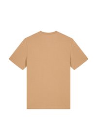 Korte mouwen T-shirt in lichtbeige, van een katoenen blend. Klassieke ronde halslijn, effen kleur, geen patronen of versieringen zichtbaar.