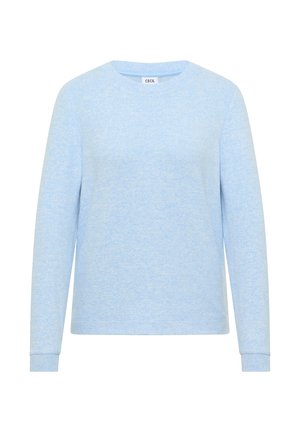 Lichtblauwe lange mouwen trui met ronde hals van een zachte, licht gestructureerde stof en een klein "CECIL" label aan de halslijn.