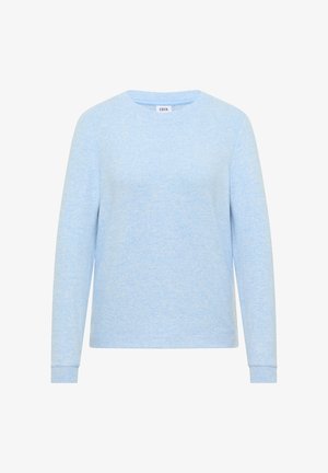 Lichtblauwe lange mouwen trui met ronde hals van een zachte, licht gestructureerde stof en een klein "CECIL" label aan de halslijn.