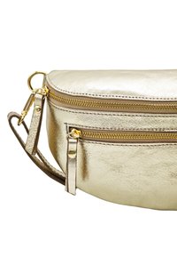 Sac à épaule en métal doré avec une forme arrondie, une texture lisse, deux compartiments zippés et des accents en métal doré.