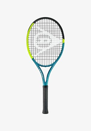 Racchetta da tennis con un telaio turchese, impugnatura nera e dettagli gialli. Presenta un manico testurizzato e una testa larga e ovale con una griglia di corde.