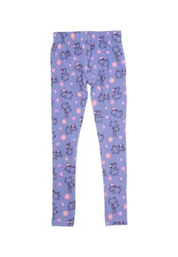 Leggings viola con un motivo di cartoni animati raffiguranti animali, fiori e cuori, realizzate in un tessuto morbido ed elastico. Coulisse in vita per il massimo comfort.