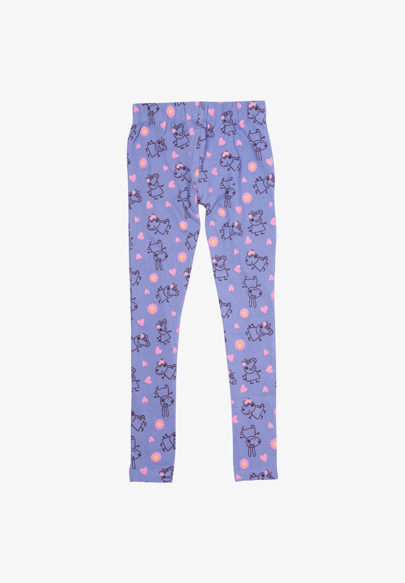 Leggings viola con un motivo di cartoni animati raffiguranti animali, fiori e cuori, realizzate in un tessuto morbido ed elastico. Coulisse in vita per il massimo comfort.
