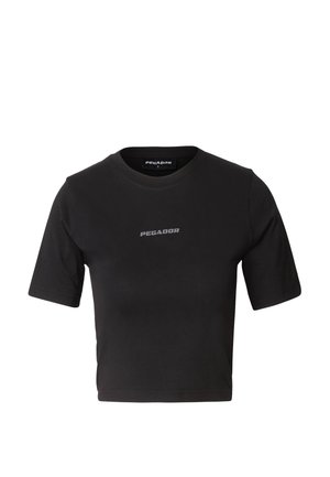 Zwart crop-t-shirt gemaakt van katoen met korte mouwen, voorzien van een grijs logo aan de voorkant. Simpel ontwerp met ronde hals en subtiele stiksel details.