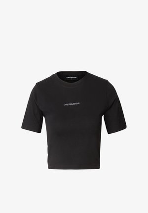 Svart cropped t-skjorte laget av bomull med korte ermer, med en grå logo foran. Enkel rund hals med diskrete sømdetaljer.