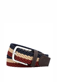 Wrazowa pask w kolorze granatowym, bordowym i beżowym. Posiada metalową klamrę w kolorze srebrnym oraz brązowy skórzany akcent z logo marki.