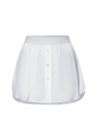 Weißer A-Linien-Rock mit glatter Textur, elastischem Bund und Knopfverschluss vorne. Mit abgerundetem Saum.