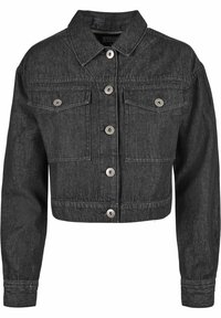 Svart denimjacka med en strukturerad krage, långa ärmar och framknäppning med knappar. Har två bröstfickor och silverfärgade detaljer.