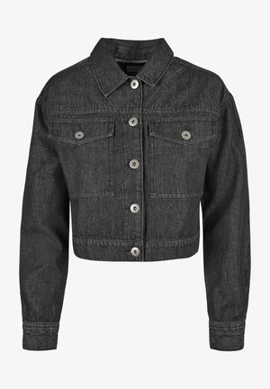 Svart denimjacka med en strukturerad krage, långa ärmar och framknäppning med knappar. Har två bröstfickor och silverfärgade detaljer.