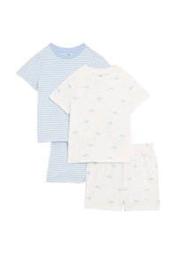 Set di due magliette da pigiama a maniche corte: una a righe blu chiaro e bianco, l'altra bianca con stampe di delfini blu; abbinate a pantaloni corti coordinati.