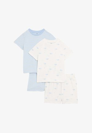 Conjunto de dos camisetas de pijama de manga corta: una a rayas en azul claro y blanco, y otra blanca con estampados de delfines azules; acompañadas de pantalones cortos a juego.