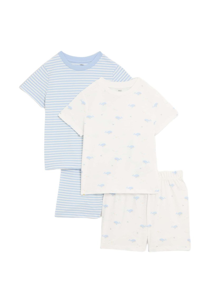 Set di due magliette da pigiama a maniche corte: una a righe blu chiaro e bianco, l'altra bianca con stampe di delfini blu; abbinate a pantaloni corti coordinati.