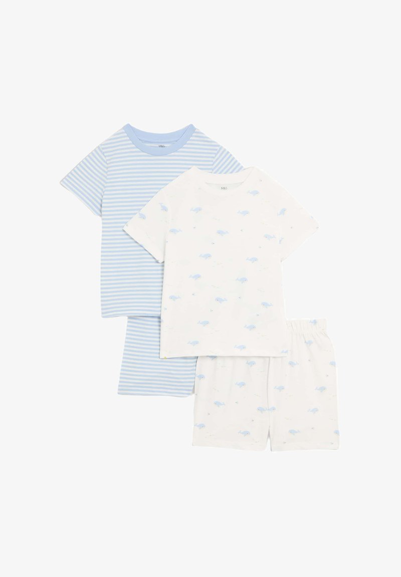 Set med två kortärmade pyjamas-toppar: en randig i ljusblått och vitt, en vit med blå delfintryck; tillsammans med matchande shorts.