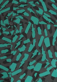 Tessuto nero e teal con motivo a forma astratta su un design geometrico. Il materiale appare liscio con una finitura opaca.