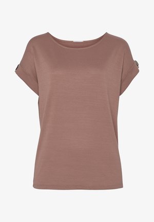 Haut mauve à manches courtes avec un col rond et des manches retroussées. Fabriqué en tissu léger avec une texture lisse et un léger relief.