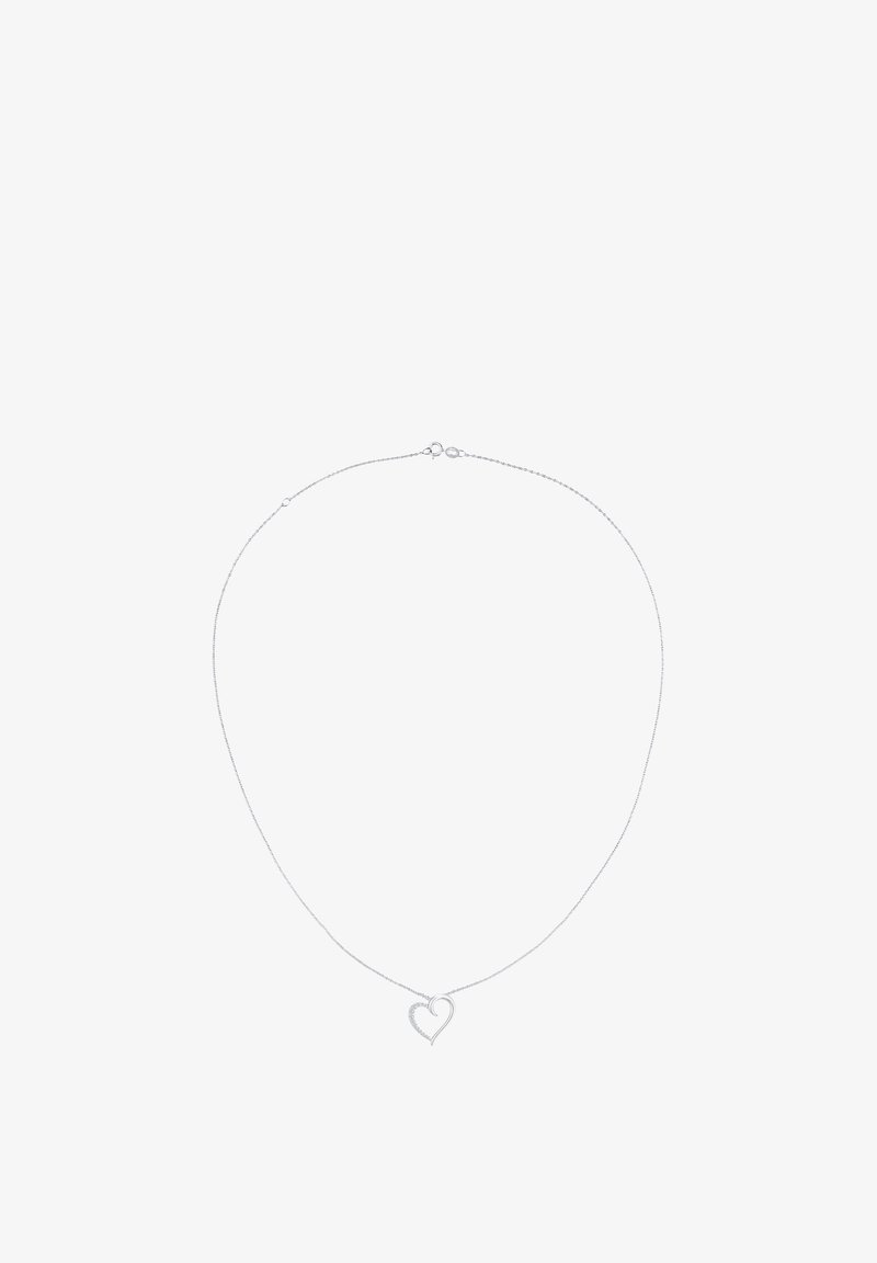 Strieborný reťazkový náhrdelník s príveskom v tvare srdca so skrúteným dizajnom. Reťaz je jemná a pôsobí krehko.