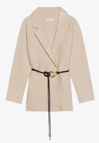 Beiger, gestrickter Blazer mit Schalkragen, mit einem schwarzen Kordel und goldfarbenen Beschlägen gegürtet. Strukturierter Stoff mit langen Ärmeln und offenem Vorderteil.