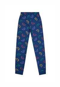 Pantaloni della tuta in cotone blu navy con vita elastica, caratterizzati da loghi di case colorati e ripetuti in rosso, verde, viola e giallo.