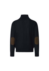 Pull noir à manches longues avec un col montant, avec des coudières marron sur les deux manches, montré de dos sur fond blanc.