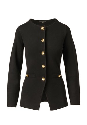 Schwarzer langärmeliger Cardigan mit rundem Ausschnitt, tailliertem Schnitt und sechs großen, unregelmäßigen goldenen Knöpfen vorne und an den Taschen.