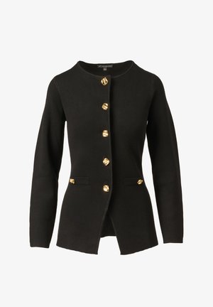 Sort langærmet cardigan med rund halsudskæring, figursyet talje og seks store uregelmæssige guldknapper foran og på lommerne.