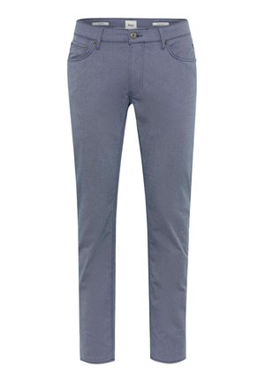 Pantalons gris slim-fit en mélange de coton doux, dotés de cinq poches, de détails de couture discrets et d'une fermeture à bouton classique.