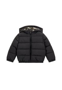 Schwarze gepolsterte Kleinkinderjacke mit Kapuze und frontaler Reißverschluss, elastischen Bündchen und Saum sowie einem Camouflage-Print-Futter in der Kapuze.