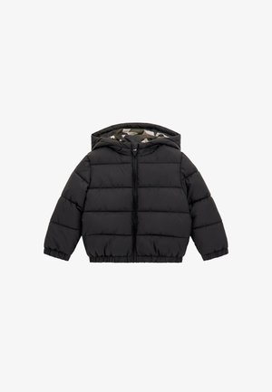 Giubbotto imbottito nero per bambini con cappuccio e zip frontale, polsini ed orlo elasticizzati, e fodera a stampa mimetica all'interno del cappuccio.