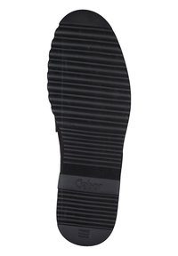 Czarna gumowa podeszwa z poziomymi rowkami, zaokrąglony czubek i wytłoczone logo "Gabor"; wskazuje na elastyczność i design zapewniający przyczepność.