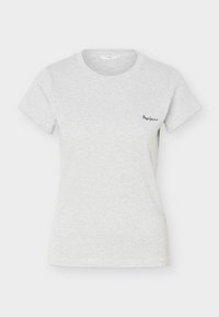 T-shirt gris clair à manches courtes avec col rond et petite broderie noire "Pepe Jeans" sur le côté gauche de la poitrine.