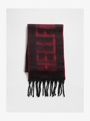 Red and black checked scarf made of soft wool, featuring frayed edges and a warm texture. Measures approximately 70 inches long.