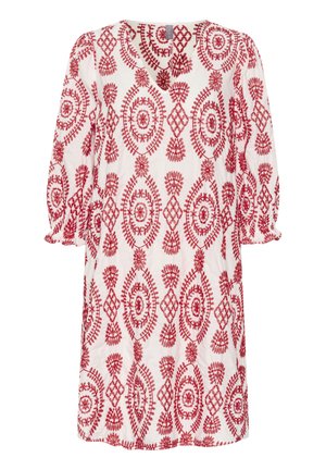 Rotes und weißes besticktes Kleid mit V-Ausschnitt, Dreiviertelärmeln und floralen Mustern in runden und diamantförmigen Formen auf einem hellen Hintergrund.