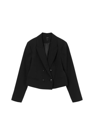 Schwarzer, taillierter Blazer mit einem doppelt geknöpften Design, Einschlagkragen und zwei vorderen Taschen. Verfügt über schwarze Knöpfe und eine glatte Textur.