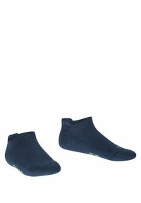 Calzini alla caviglia blu navy con un design a maglia testurizzata, caratterizzati da una forma a taglio basso e dettagli verdi sui lati.