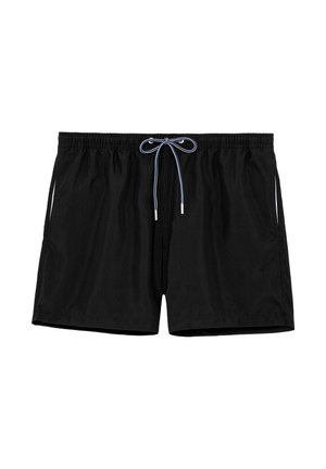 Zwarte zwembroek met een elastische tailleband en een verstelbare trekkoord. Bevat zijzakken en een gladde, lichte stof.