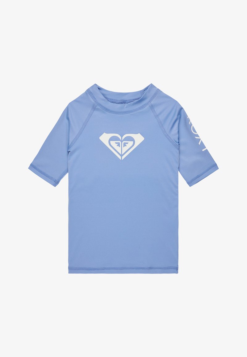 Hellblaues Kurzarm-Rashguard aus dehnbarem Material mit einem weißen Herz-Logo auf der Brust und Text auf dem Ärmel.