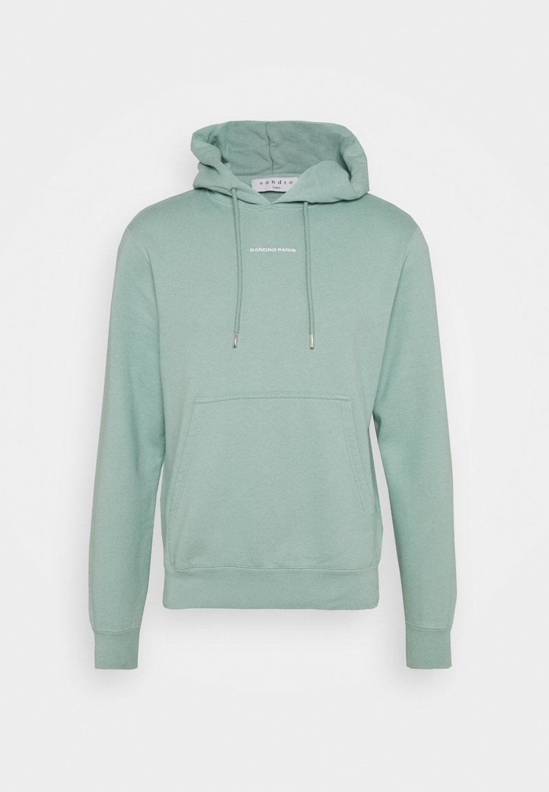 Sweat à capuche vert clair avec poche kangourou à l’avant, cordons et petite inscription centrée « SANDRO PARIS » sur la poitrine.