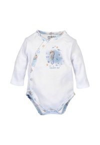 Witte longsleeve body met een zeepaardontwerp en blauwe accenten. Drukknoopsluiting aan de voorkant en onderkant met een zachte katoenstructuur.