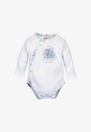 White long-sleeve bodysuit featuring a seahorse design and blue accents. Snap closure along the front and bottom with a soft cotton texture.