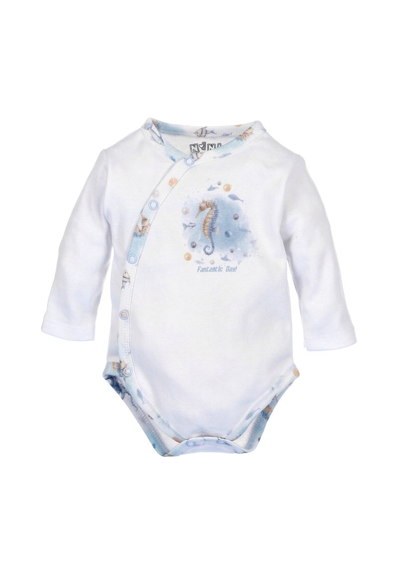 Witte longsleeve body met een zeepaardontwerp en blauwe accenten. Drukknoopsluiting aan de voorkant en onderkant met een zachte katoenstructuur.