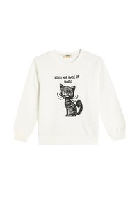 Sweatshirt bianco con maniche lunghe che presenta una grafica di un gatto nero e il testo "LE RAGAZZE SONO FATTE DI MAGIA" in grassetto sopra il design.