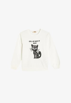 Hvid sweatshirt med lange ærmer, der har et grafisk motiv af en sort kat og teksten "PIGER ER LAVET AF MAGI" i fed skrift over designet.
