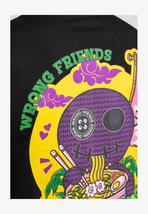Black t-shirt featuring vibrant yellow and purple graphic design with text "WRONG FRIENDS" and a cartoon skull surrounded by food elements.